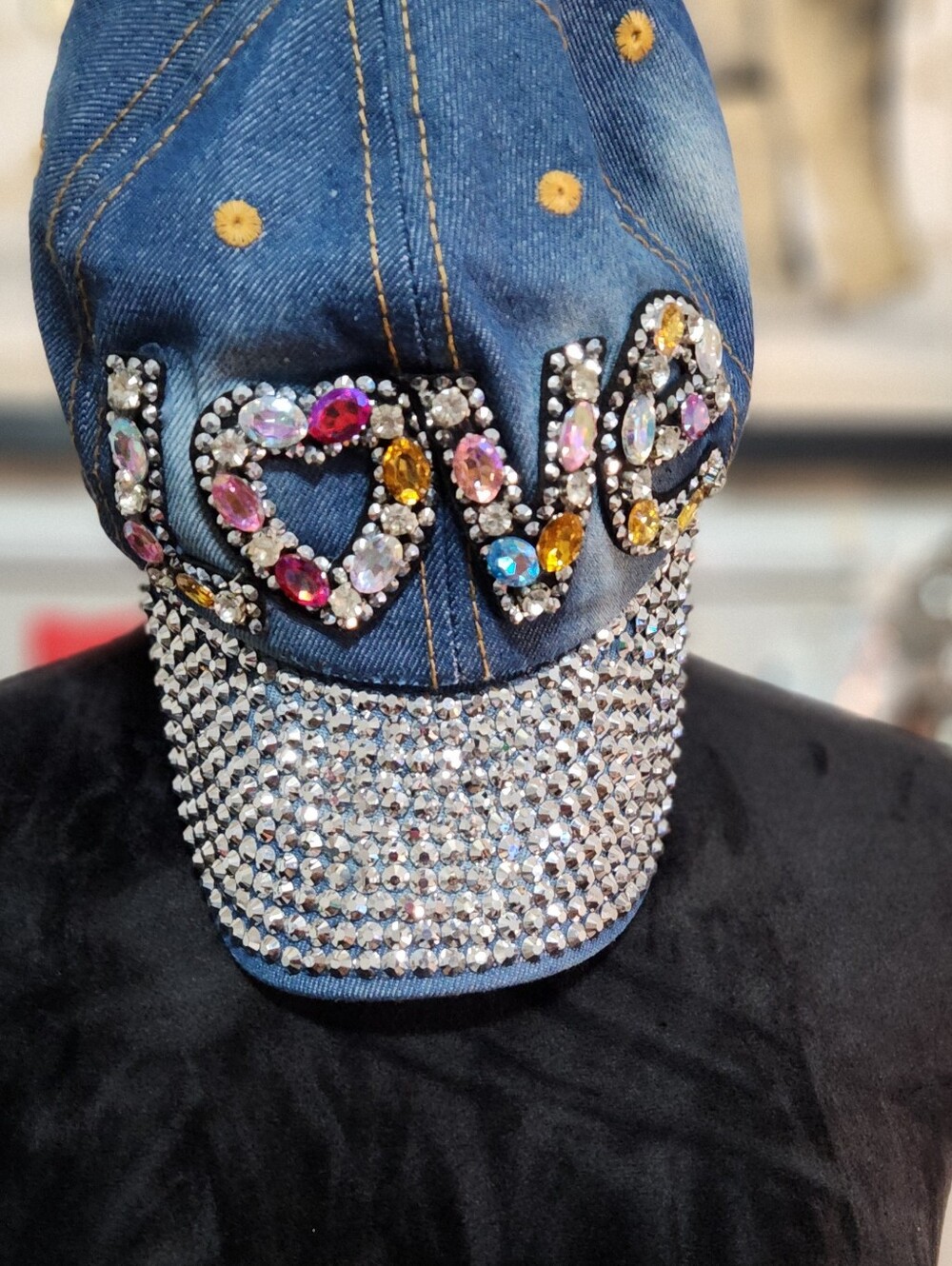 Embellished Denim Rhinestone Cap - Multicolor Gems